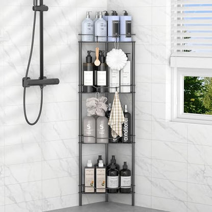 4 Tier Floor Standing Corner Shower Caddy Organizer Shelf with Hooks, Bathroom Shelves Stand Rack, Black | Adhesive Bathroom Organizer Shelves, Free Standing Shower Rack with Hooks, Hold Large Shampoo Bottles