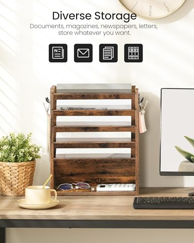 Wall File Organizer, 6-Tier Vertical Mount Hanging Holder with 2 Side Hooks, Vintage Wooden Magazine Storage Crate with Bottom Flat Tray, Desk Organizer, for Office, Home, Rustic Brown MWJ01FG