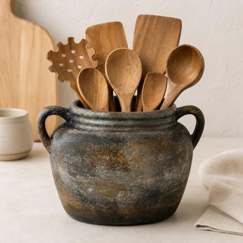 Rustic Utensil Holder for Kitchen Counter - Vintage Utensil Crock | 9.4" x 6.3" Wide Opening Ceramic Organizer, Handcraft Pottery Farmhouse Decor