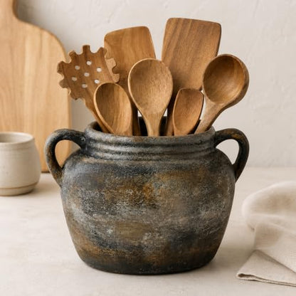 Rustic Utensil Holder for Kitchen Counter - Vintage Utensil Crock | 9.4" x 6.3" Wide Opening Ceramic Organizer, Handcraft Pottery Farmhouse Decor