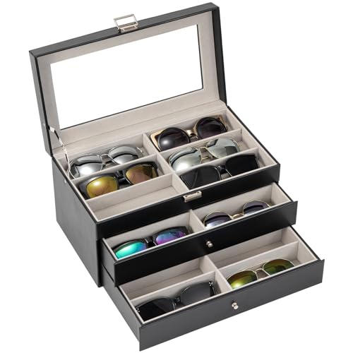 ProCase 3-Layer Sunglasses Storage Organizer -Black | 18-Slot Leather Sunglass Box Case, Holds Eyeglasses, Sunglasses & Eyewear, Great Valentine's Gift for Men & Women