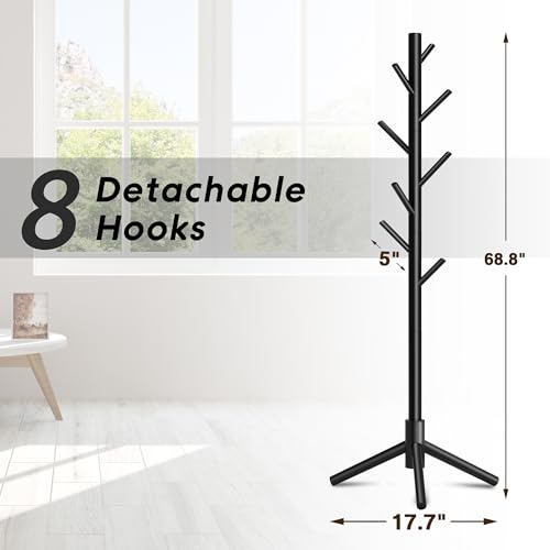 8-Hook Freestanding Coat Rack 3 Adjustable Heights Sturdy Black | Easy Tool-Free Setup,Ideal for Entryway Bedroom Hallway Office,Holds Clothes Hats Handbags,Space-Saving Vertical Design