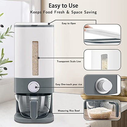 22-25 Lbs Rice Dispenser, Large Cereal Dry Food Storage Containers with Measuring Cup,BPA-Free Household for Kitchen Pantry Organization-Grey