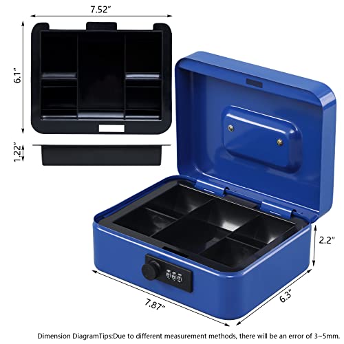KYODOLED Cash Box with Combination Lock,Safe Metal Box for Money,Storage Lock Box with Money Tray,7.87"x 6.30"x 3.54" Blue Medium