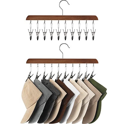 StorageWorks Hat Organizer 2 Pack, Walnut Cap Hanger Rack with 10 Clips