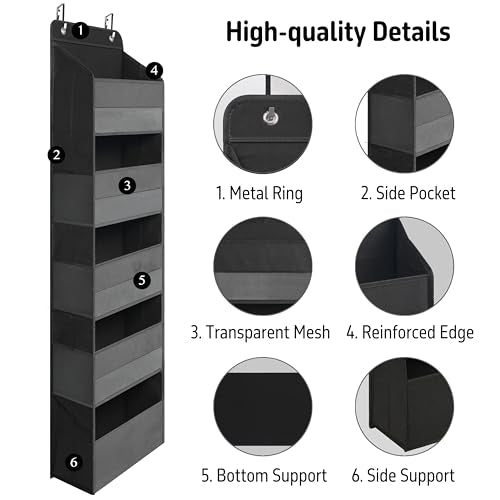 TYMENSH Black Over Door Organizer with 5 Large Clear Pockets and 6 Side Mesh Pockets, Anti-Tilt Hanging Door Storage for Closet, Bathroom, Nursery, Bedroom, Dorm, Toys, Cosmetics