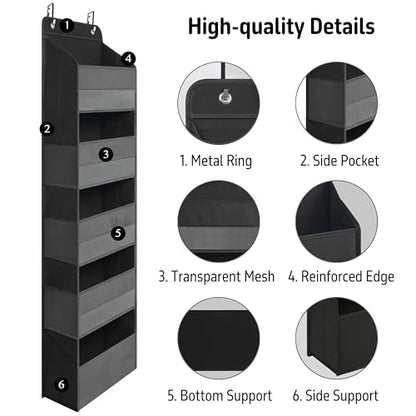 TYMENSH Black Over Door Organizer with 5 Large Clear Pockets and 6 Side Mesh Pockets, Anti-Tilt Hanging Door Storage for Closet, Bathroom, Nursery, Bedroom, Dorm, Toys, Cosmetics