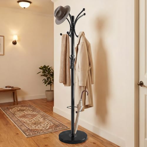 Marble Base Coat Rack Freestanding, 360° Rotary 16 Hooks Black | Heavy Duty Standing Coat Rack with Umbrella Holder, Larger 13.78" Base for Entryway Bedroom Office Living Room