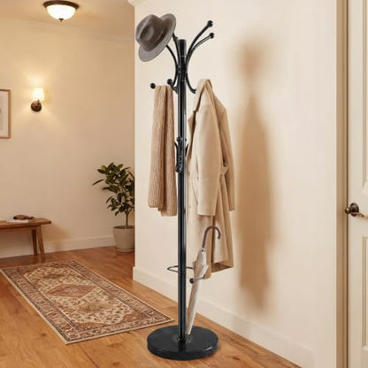 Marble Base Coat Rack Freestanding, 360° Rotary 16 Hooks Black | Heavy Duty Standing Coat Rack with Umbrella Holder, Larger 13.78" Base for Entryway Bedroom Office Living Room