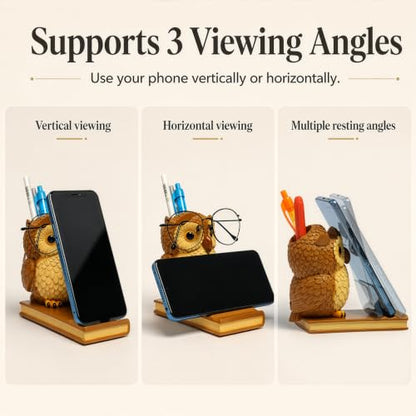 Owly Mate Owl Eyeglass Holder for Nightstand and Desk, Cute Glasses Holder with Phone Stand and Pen Holder, 3-in-1 Desk Organizer for Glasses, Phone & Pens - Gift for Owl Lovers