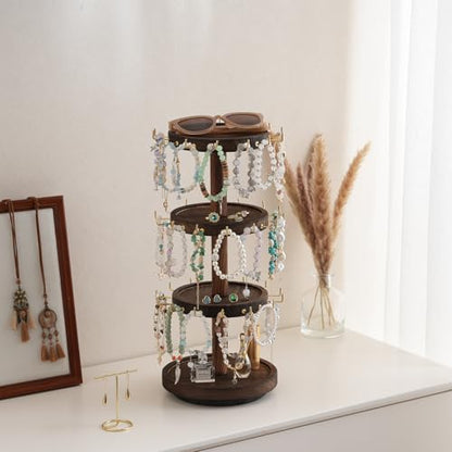 Lolalet 4-Tier Rotating Bracelet Holder -Darkbrown | Wooden Display Stand with 42 Hooks & Tray Base, 360° Degrees Rotatable, Holds Bracelets, Key Chains & Small Accessories