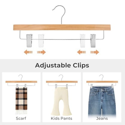 HOUSE DAY Wooden Pants Hangers with Clips, 25 Pack Skirt Hangers, Natural | 14-Inch Wood Hangers with Adjustable Non-Slip Metal Clips & 360° Swivel Hooks, Heavy Duty for Jeans, Slacks, Trousers, Shorts