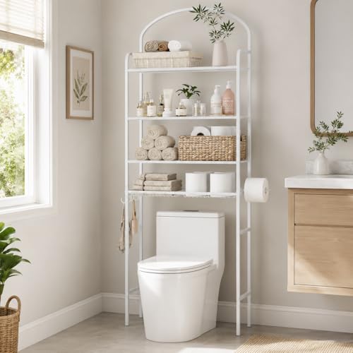 4-Tier Over The Toilet Storage, Bathroom Organizer | Space-Saving, 72"H Above Toilet Storage Rack with 4 Hooks and Paper Holder, Metal Shelf, White