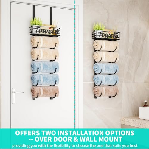 HapiRm Towel Racks for Bathroom Storage - 6 Tier Over The Door & Wall Mount Rolled Towel Storage Organizer Holder with Metal Shelf Basket for Small Bathroom, Camper, Rv - Black, Patented