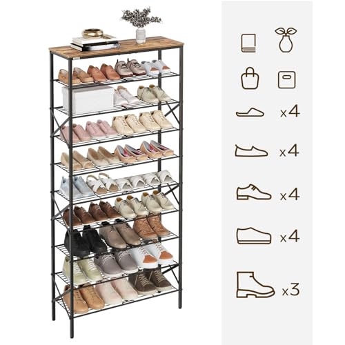 10 Tier Shoe Rack, Large Capacity Shoe Storage Organizer Holds 40 Pairs, Sturdy and Stable, for Entryway, Hallway, Closet, Dorm Room, Rustic Brown SS10BR