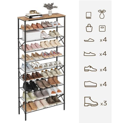 10 Tier Shoe Rack, Large Capacity Shoe Storage Organizer Holds 40 Pairs, Sturdy and Stable, for Entryway, Hallway, Closet, Dorm Room, Rustic Brown SS10BR
