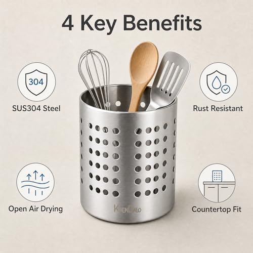 SUS304 Small Stainless Steel Utensil Holder for Countertop, Silver | 18/8 Stainless Silverware Utensil Drying Rack, Sturdy Rust Resistant, 5.32inch Tall, Dishwasher Safe