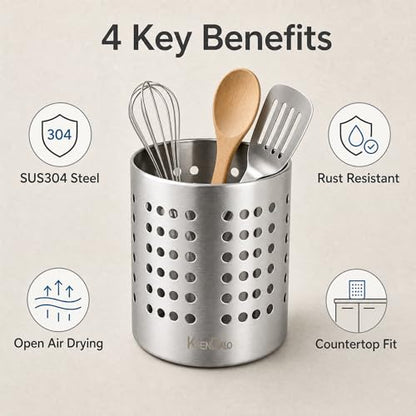 SUS304 Small Stainless Steel Utensil Holder for Countertop, Silver | 18/8 Stainless Silverware Utensil Drying Rack, Sturdy Rust Resistant, 5.32inch Tall, Dishwasher Safe