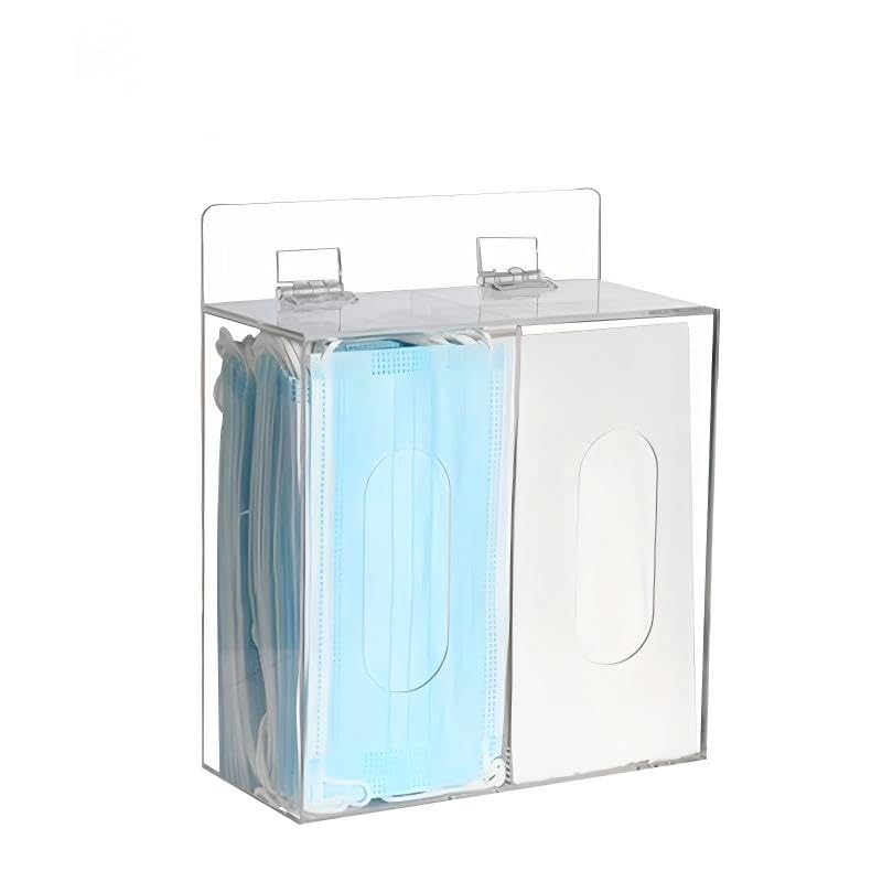 Acrylic Face Mask Dispenser Box, 2 Compartments Gloves Holder, Clear Mask Holder with Lid, Wall Disposable Mask Acrylic Storage, Medical Organizer