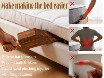 Acacia Wood Mattress Lifter & Bed Sheet Tucker Tool Set, 2-Piece | Bed Making Kit with Ergonomic Grip, Lever-Action Design for Heavy Mattress, Fitted Sheet Changing & Home Bedding Maintenance