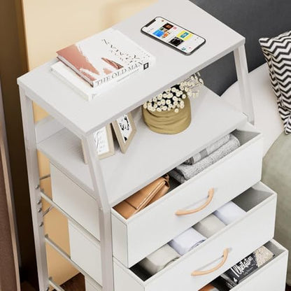 Tall Nightstand with 4 Fabric Drawers, Small Dresser for Bedroom | White Dorm Bedside Table , Dresser for Closet, Storage Drawer for Living Room, Entryway, Furniture, Metal Frame, Wood Top