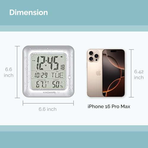 KADAMS Bathroom Clock 9.5" Kitchen Wall Clock with Large LCD Screen – Shower Clock with Suction Cup,Temperature, Humidity, Calendar – Water-Resistant, 4 Mounting Options, Silver