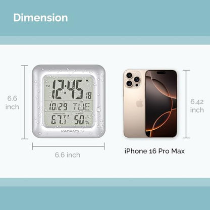 KADAMS Bathroom Clock 9.5" Kitchen Wall Clock with Large LCD Screen – Shower Clock with Suction Cup,Temperature, Humidity, Calendar – Water-Resistant, 4 Mounting Options, Silver