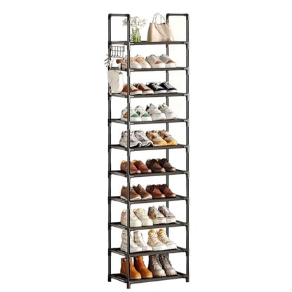 Simple Trending 10 Tiers Tall Shoe Rack for Closet, Black | Narrow Shoe Shelf, Holds 20 Pairs, Shoe Organizer Storage, With Hooks