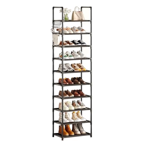 Simple Trending 10 Tiers Tall Shoe Rack for Closet, Black | Narrow Shoe Shelf, Holds 20 Pairs, Shoe Organizer Storage, With Hooks
