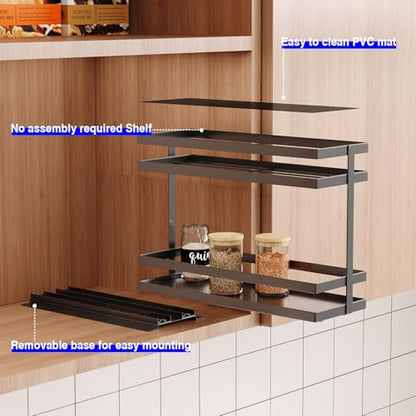Mustorn 2 Pack Pull Out Spice Rack Organizer for Cabinet, 2 Tier Metal Slide Out Seasoning Organizer and Storage Heavy Duty Vertical Spice Rack Shelf Pullout for Kitchen Cabinets No Drilling (Black)