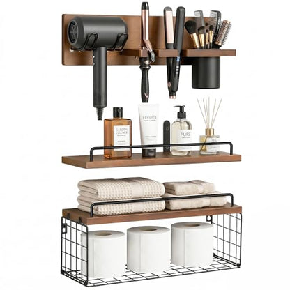 3-Tier Bathroom Floating Shelves with Curling Iron Holder & Hair Tool Organizer, Wall Mounted Rustic Wood Storage Rack Over Toilet with Hair Dryer Holder for Bathroom Decor & Organization