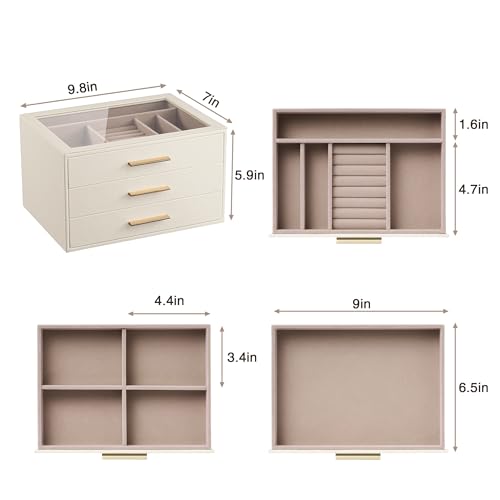 Jewelry Box Organizer Storage Case, 3-Layer with Glass Window, White | Ivory Leather with Pink Velvet, Holder for Ring Necklace Bracelet Brooch Watch, Great Gift for Her
