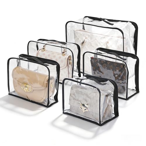 5 Pack Clear Dust Bags for Handbags,5 Sizes Purse Storage Organizer | Purse Protector Storage Bag with Zipper and Handle for closet, Hanging Dust Cover Bag for Handbag