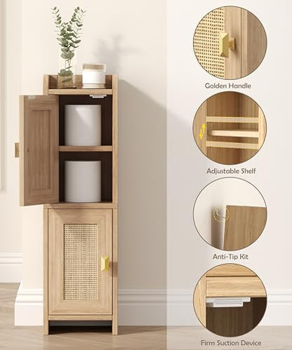 Rattan Small Bathroom Cabinet Narrow Toilet Paper Organizer Oak | 7.9''D x 7.9''W Bathroom Organizer and Storage Cabinet for Small Space, Slim Corner Unit with Adjustable Shelf