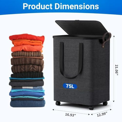 Laundry Basket with 5 Wheels, Rolling Laundry Hamper, 75L, Deep Gray | Clothes Hamper with Wheels and Lid, Collapsible for Bathroom, Bedroom, Dorm & Laundry Room with Multiple Carry Handles.