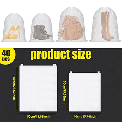Woanger 40 Pcs Dust Bags for Handbags Drawstring Dust Proof Purse Storage Bags, 2 Size Non Woven Breathable Fabric Shoes Pouch for Purse Backpack Boots Cloth Storage Travel Package Organizer, White