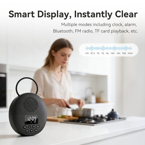AGPTEK Bluetooth 5.4 Shower Radio Speaker, Waterproof Bathroom FM Radio | 12H Long Playback Time, Suction Cup & Lanyard, LCD Screen Display, Handsfree Calling, Storage Card Playback (Black)