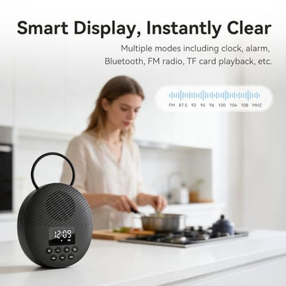 AGPTEK Bluetooth 5.4 Shower Radio Speaker, Waterproof Bathroom FM Radio | 12H Long Playback Time, Suction Cup & Lanyard, LCD Screen Display, Handsfree Calling, Storage Card Playback (Black)