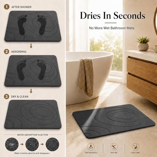 Stone Bath Mat for Bathroom – Quick Dry Diatomaceous Earth Shower Mat, Non-Slip Super Absorbent Diatomite Stone Bath Mats, Fast Drying Natural Floor Mat for Bathroom Kitchen (23.6"x15.4")