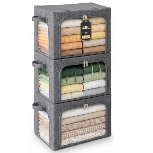 GoMaihe Clothes Storage Bins with Metal Frame for Sweaters, 40L 3-Pack Grey | Seasonal Clothes Hoodies Jeans, Closet Top Shelf Linen Closet Organizer, 3 Side Access Stackable Collapse-Proof, Clear Window
