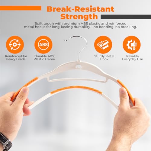 Lightweight White Plastic Hangers 20 Pack with Cascading Hook, Space Saving Thin, Closet Organizer, Orange Anti-Slip Pads, 360° Swivel, Tie Holder