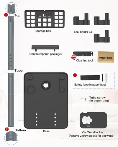Cordless Adjustable Vacuum Cleaner Stand for Max. 1-4/5" Vac Wand, Universal Stick Vacuum Docking Station, Height Adjustment, 7 Accessory Holders, Storage Box, Black