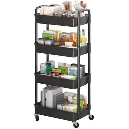Sywhitta 4-Tier Plastic Rolling Utility Cart with Wheels for Storage, Black | Multi-Functional Storage Trolley, for Office, Living Room, Kitchen, Bathroom,Movable Organizer,Space-Saving,Easy to assemble