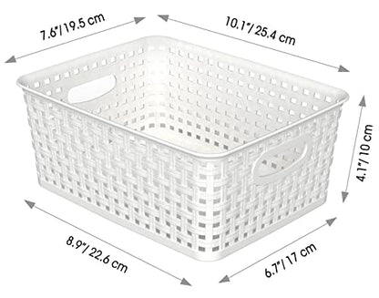 WYT Woven Plastic Storage Baskets, 6 Pack White Weave Bins Organizer, 10.1" x 7.55" x 4.1"