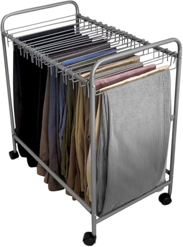 Evelots Rolling Pants Rack with 20 Hangers, Jean and Skirt Closet Organizer | Rolling pants rack includes 20 hangers to organize jeans, skirts and trousers while maximizing closet space and easier access