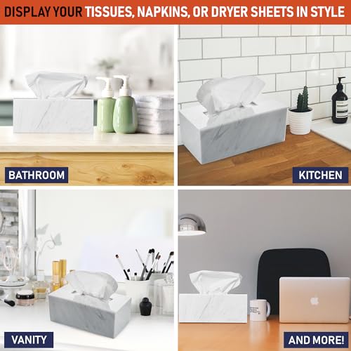 Acrylic Tissue Box Holder, Clear Dispenser for Facial Tissues, Napkins, and Dryer Sheets. Perfect for Bathrooms, Desks, Countertops, Vanities, Bedrooms, and Nightstands (Rectangle, Marble)