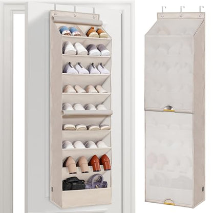 STORAGE MANIAC Over the Door Shoe Organizer with Curtain Dustproof Heavy-Duty Large Deep Pocket Hanging Shoe Organizer for Closet Dorm & Narrow Door Storage Shoe Holder Shoe Rack, 9-Shelf Beige 1 Pack