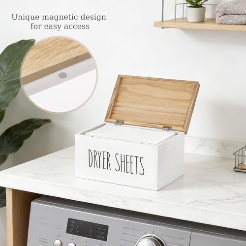 Dryer Sheet Holder, Laundry Wooden Container Holds 180 Sheets, White | Dust & Moisture Proof Sealed Lid, Printed Label Dispenser, Multi-use Storage for Softener Pods, Farmhouse Laundry Room Decor