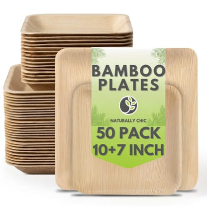 Bamboo Leaf Plates 10 Inch & 7 Inch Square [50-Pack] | Biodegradable and Compostable for Appetizer and Dinner - Disposable Wood Dinnerware Set - Party Pack
