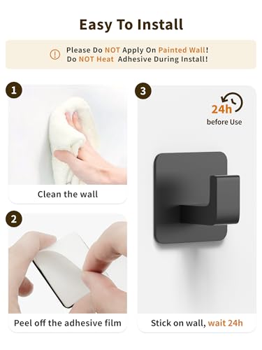 GWAAZXGZ Square Self Adhesive Towel Hooks - 4 Pack Matte Black Metal Hooks, Right-Angle Design for Towels, Robes & Hats, Organize Bathroom, Kitchen, Entryway, Doors, Cabinets on Smooth Surfaces